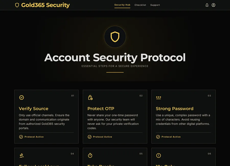 Gold365 VIP account safety checklist graphic with security shield icons